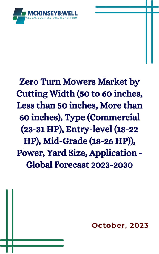 Zero Turn Mowers Market by Cutting Width (50 to 60 inches, Less than 50 inches, More than 60 inches), Type (Commercial (23-31 HP), Entry-level (18-22 HP), Mid-Grade (18-26 HP)), Power, Yard Size, Application - Global Forecast 2023-2030