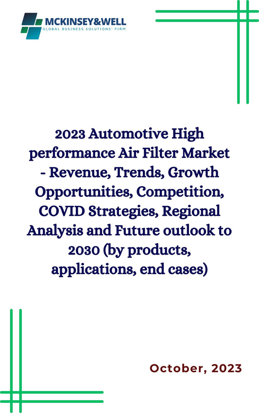 2023 Automotive High performance Air Filter Market - Revenue, Trends, Growth Opportunities, Competition, COVID Strategies, Regional Analysis and Future outlook to 2030 (by products, applications, end cases)