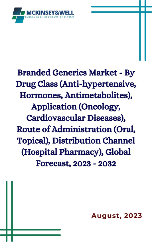 Branded Generics Market - By Drug Class (Anti-hypertensive, Hormones, Antimetabolites), Application (Oncology, Cardiovascular Diseases), Route of Administration (Oral, Topical), Distribution Channel (Hospital Pharmacy), Global Forecast, 2023 - 2032