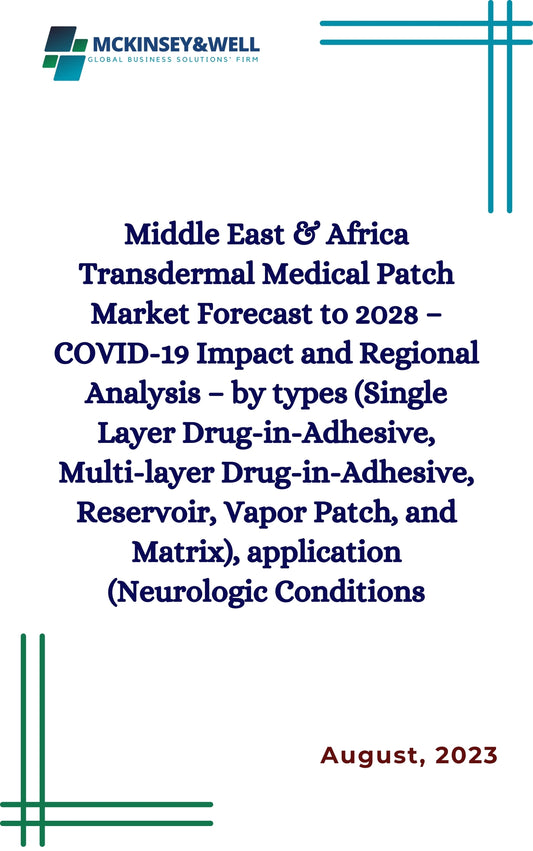 Middle East & Africa Transdermal Medical Patch Market Forecast to 2028 – COVID-19 Impact and Regional Analysis – by types (Single Layer Drug-in-Adhesive, Multi-layer Drug-in-Adhesive, Reservoir, Vapor Patch, and Matrix), application (Neurologic Conditions