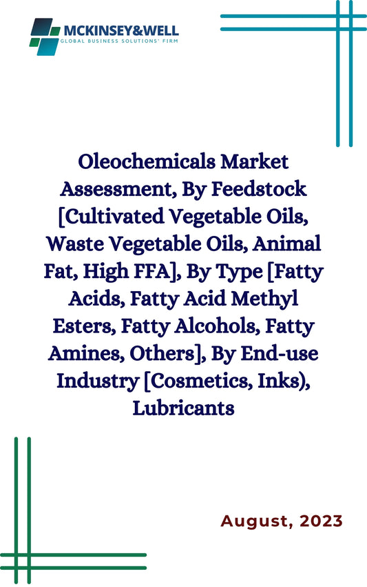 Oleochemicals Market Assessment, By Feedstock [Cultivated Vegetable Oils, Waste Vegetable Oils, Animal Fat, High FFA], By Type [Fatty Acids, Fatty Acid Methyl Esters, Fatty Alcohols, Fatty Amines, Others], By End-use Industry [Cosmetics, Inks), Lubricants