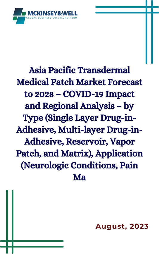 Asia Pacific Transdermal Medical Patch Market Forecast to 2028 – COVID-19 Impact and Regional Analysis – by Type (Single Layer Drug-in-Adhesive, Multi-layer Drug-in-Adhesive, Reservoir, Vapor Patch, and Matrix), Application (Neurologic Conditions, Pain Ma