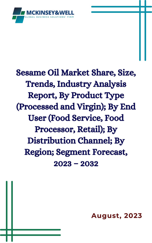 Sesame Oil Market Share, Size, Trends, Industry Analysis Report, By Product Type (Processed and Virgin); By End User (Food Service, Food Processor, Retail); By Distribution Channel; By Region; Segment Forecast, 2023 – 2032