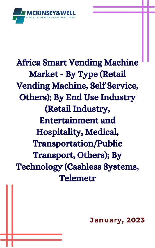 Africa Smart Vending Machine Market - By Type (Retail Vending Machine, Self Service, Others); By End Use Industry (Retail Industry, Entertainment and Hospitality, Medical, Transportation/Public Transport, Others); By Technology (Cashless Systems, Telemetr