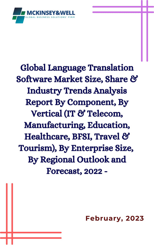 Global Language Translation Software Market Size, Share & Industry Trends Analysis Report By Component, By Vertical (IT & Telecom, Manufacturing, Education, Healthcare, BFSI, Travel & Tourism), By Enterprise Size,  By Regional Outlook and Forecast, 2022 -