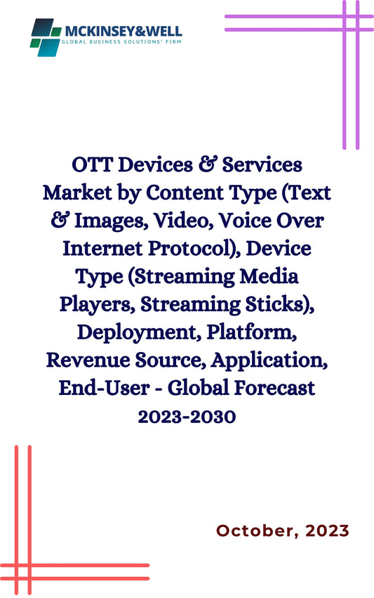 OTT Devices & Services Market by Content Type (Text & Images, Video, Voice Over Internet Protocol), Device Type (Streaming Media Players, Streaming Sticks), Deployment, Platform, Revenue Source, Application, End-User - Global Forecast 2023-2030