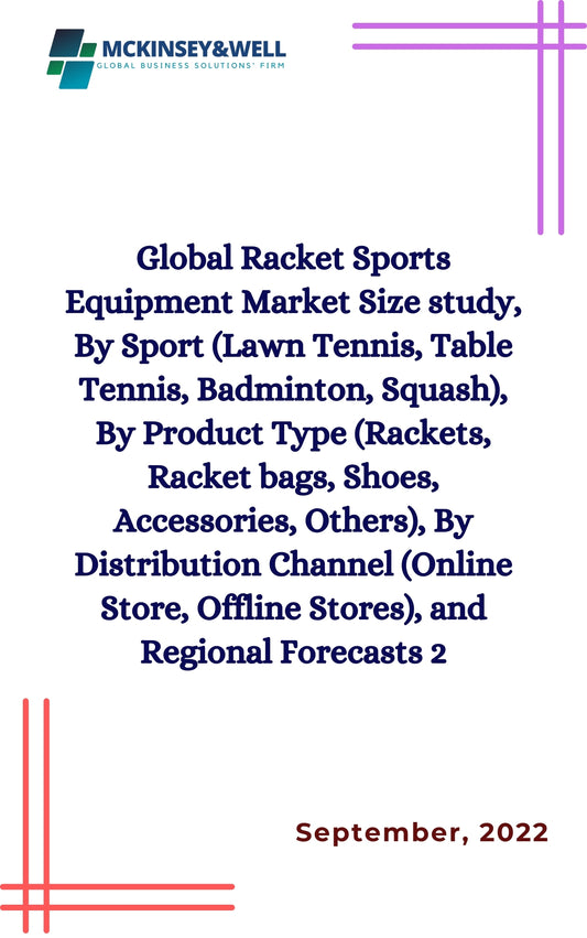 Global Racket Sports Equipment Market Size study, By Sport (Lawn Tennis, Table Tennis, Badminton, Squash), By Product Type (Rackets, Racket bags, Shoes, Accessories, Others), By Distribution Channel (Online Store, Offline Stores), and Regional Forecasts 2