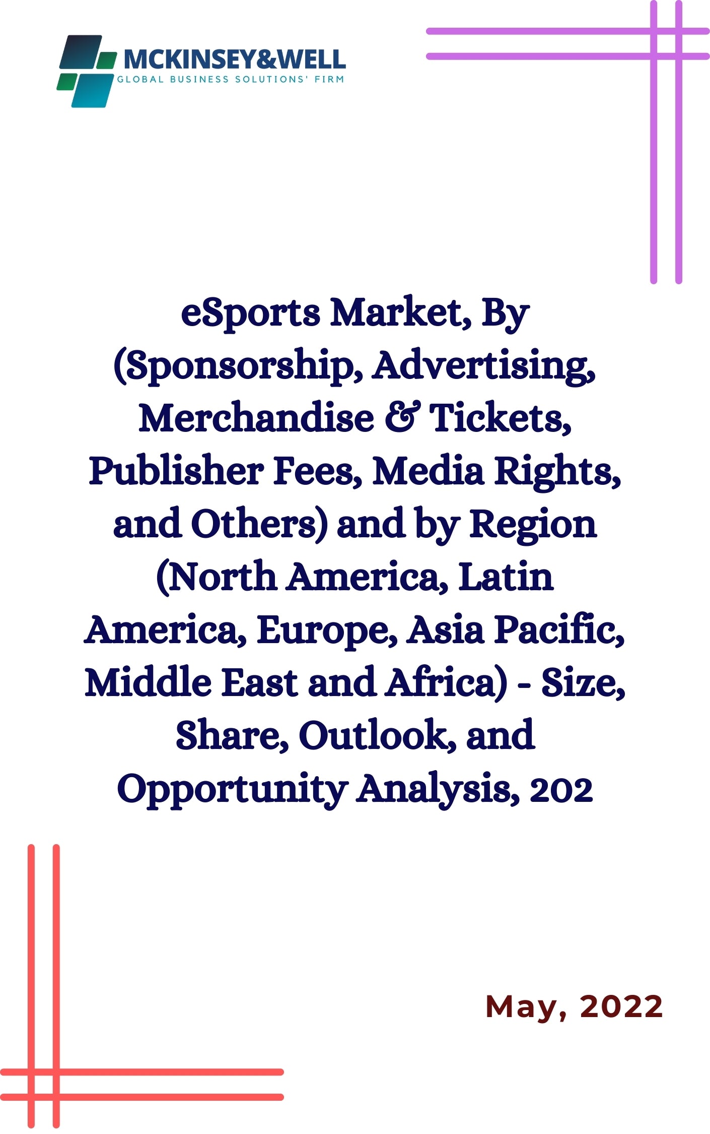 eSports Market, By (Sponsorship, Advertising, Merchandise & Tickets, Publisher Fees, Media Rights, and Others) and by Region (North America, Latin America, Europe, Asia Pacific, Middle East and Africa) - Size, Share, Outlook, and Opportunity Analysis, 202