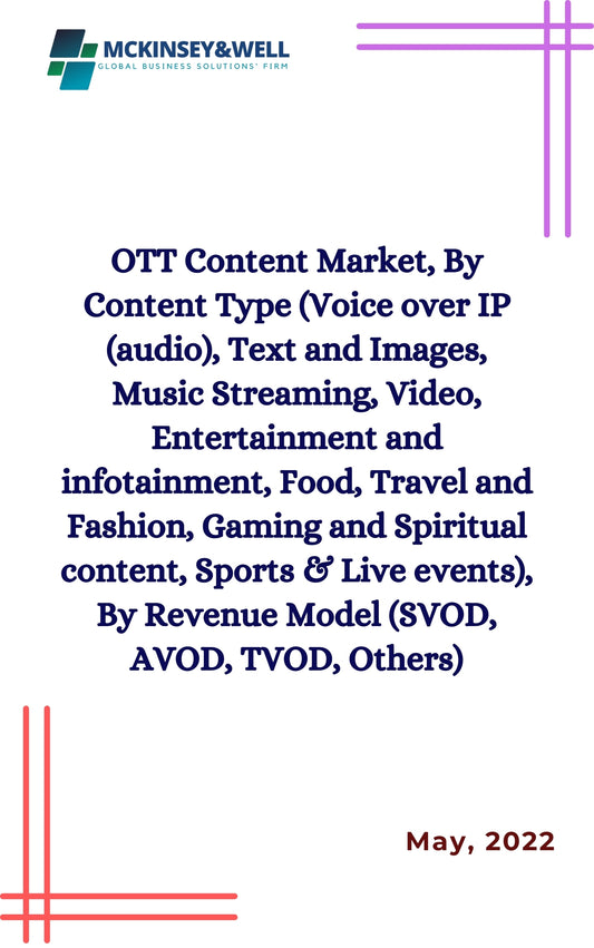 OTT Content Market, By Content Type (Voice over IP (audio), Text and Images, Music Streaming, Video, Entertainment and infotainment, Food, Travel and Fashion, Gaming and Spiritual content, Sports & Live events), By Revenue Model (SVOD, AVOD, TVOD, Others)