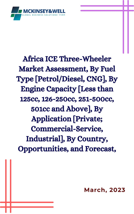 Africa ICE Three-Wheeler Market Assessment, By Fuel Type [Petrol/Diesel, CNG], By Engine Capacity [Less than 125cc, 126-250cc, 251-500cc, 501cc and Above], By Application [Private; Commercial-Service, Industrial], By Country, Opportunities, and Forecast,