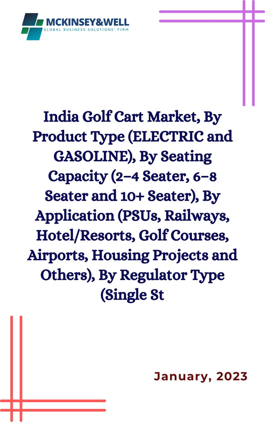 India Golf Cart Market, By Product Type (ELECTRIC and GASOLINE), By Seating Capacity (2–4 Seater, 6–8 Seater and 10+ Seater), By Application (PSUs, Railways, Hotel/Resorts, Golf Courses, Airports, Housing Projects and Others), By Regulator Type (Single St