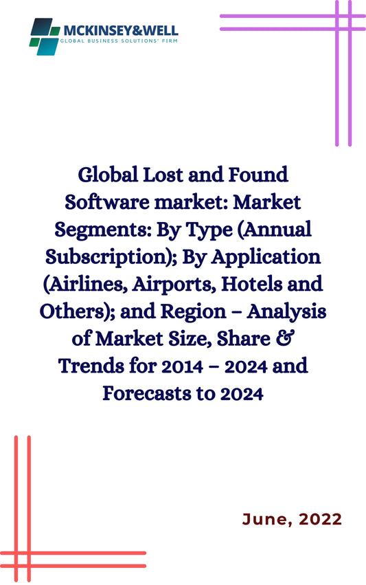 Global Lost and Found Software market: Market Segments: By Type (Annual Subscription); By Application (Airlines, Airports, Hotels and Others); and Region – Analysis of Market Size, Share & Trends for 2014 – 2024 and Forecasts to 2024