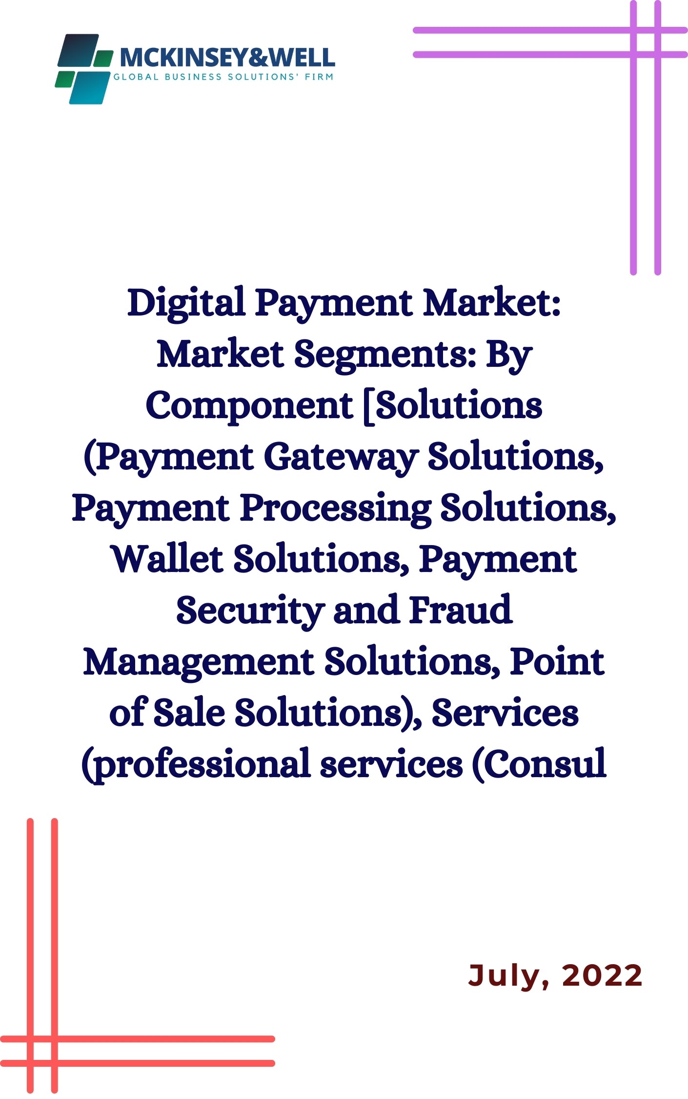 Digital Payment Market: Market Segments: By Component [Solutions (Payment Gateway Solutions, Payment Processing Solutions, Wallet Solutions, Payment Security and Fraud Management Solutions, Point of Sale Solutions), Services (professional services (Consul