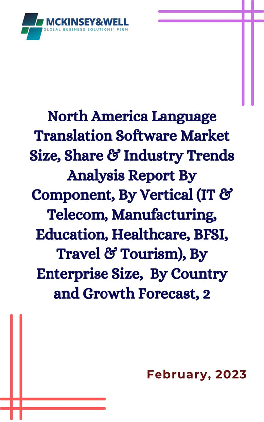 North America Language Translation Software Market Size, Share & Industry Trends Analysis Report By Component, By Vertical (IT & Telecom, Manufacturing, Education, Healthcare, BFSI, Travel & Tourism), By Enterprise Size,  By Country and Growth Forecast, 2