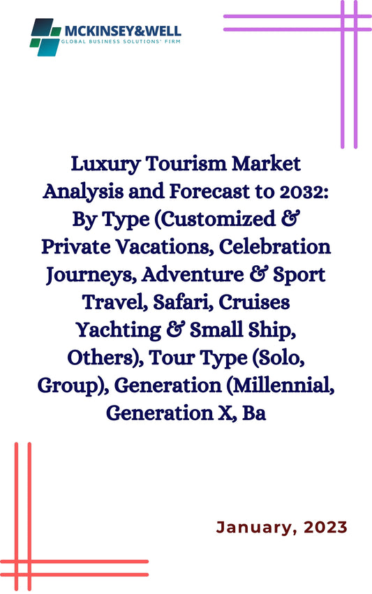 Luxury Tourism Market Analysis and Forecast to 2032: By Type (Customized & Private Vacations, Celebration Journeys, Adventure & Sport Travel, Safari, Cruises Yachting & Small Ship, Others), Tour Type (Solo, Group), Generation (Millennial, Generation X, Ba