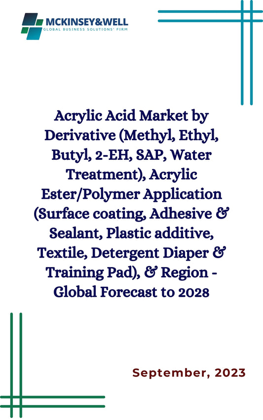 Acrylic Acid Market by Derivative (Methyl, Ethyl, Butyl, 2-EH, SAP, Water Treatment), Acrylic Ester/Polymer Application (Surface coating, Adhesive & Sealant, Plastic additive, Textile, Detergent Diaper & Training Pad), & Region - Global Forecast to 2028