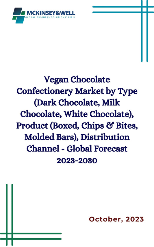 Vegan Chocolate Confectionery Market by Type (Dark Chocolate, Milk Chocolate, White Chocolate), Product (Boxed, Chips & Bites, Molded Bars), Distribution Channel - Global Forecast 2023-2030