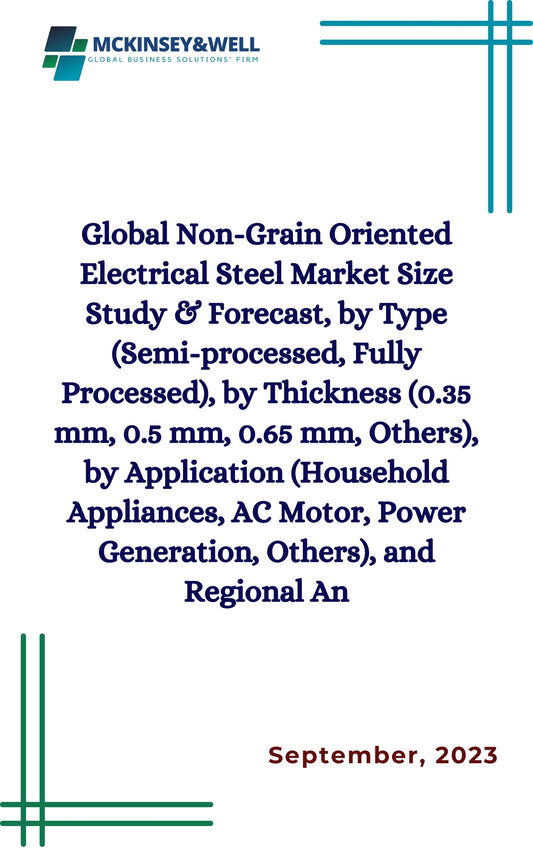 Global Non-Grain Oriented Electrical Steel Market Size Study & Forecast, by Type (Semi-processed, Fully Processed), by Thickness (0.35 mm, 0.5 mm, 0.65 mm, Others), by Application (Household Appliances, AC Motor, Power Generation, Others), and Regional An