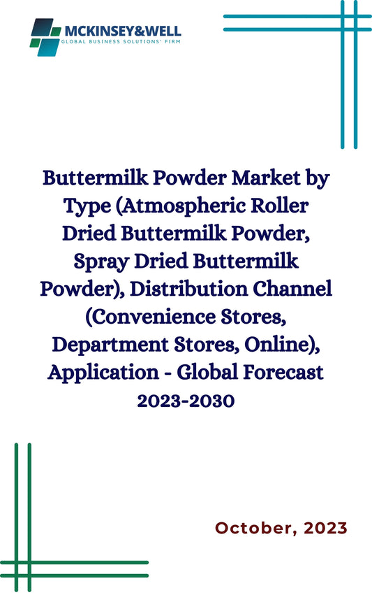 Buttermilk Powder Market by Type (Atmospheric Roller Dried Buttermilk Powder, Spray Dried Buttermilk Powder), Distribution Channel (Convenience Stores, Department Stores, Online), Application - Global Forecast 2023-2030