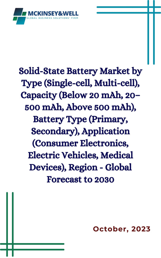 Solid-State Battery Market by Type (Single-cell, Multi-cell), Capacity (Below 20 mAh, 20–500 mAh, Above 500 mAh), Battery Type (Primary, Secondary), Application (Consumer Electronics, Electric Vehicles, Medical Devices), Region - Global Forecast to 2030