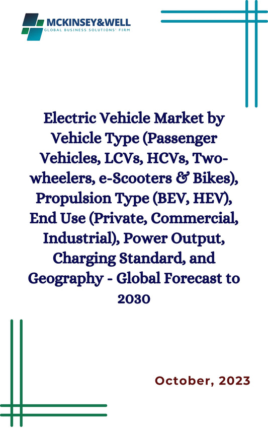 Electric Vehicle Market by Vehicle Type (Passenger Vehicles, LCVs, HCVs, Two-wheelers, e-Scooters & Bikes), Propulsion Type (BEV, HEV), End Use (Private, Commercial, Industrial), Power Output, Charging Standard, and Geography - Global Forecast to 2030