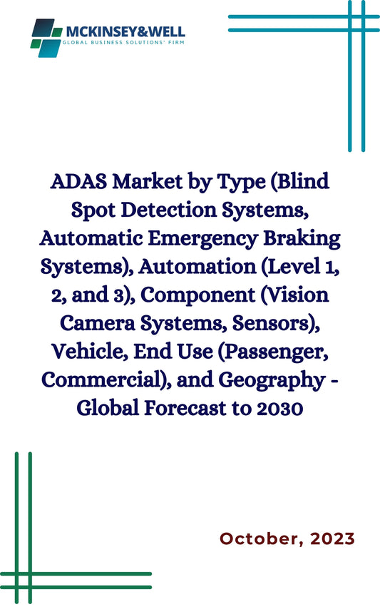 ADAS Market by Type (Blind Spot Detection Systems, Automatic Emergency Braking Systems), Automation (Level 1, 2, and 3), Component (Vision Camera Systems, Sensors), Vehicle, End Use (Passenger, Commercial), and Geography - Global Forecast to 2030