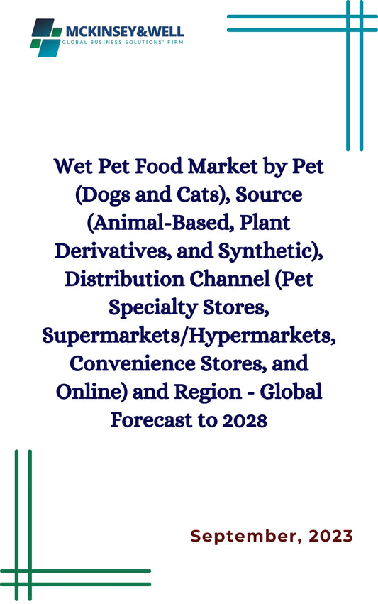 Wet Pet Food Market by Pet (Dogs and Cats), Source (Animal-Based, Plant Derivatives, and Synthetic), Distribution Channel (Pet Specialty Stores, Supermarkets/Hypermarkets, Convenience Stores, and Online) and Region - Global Forecast to 2028