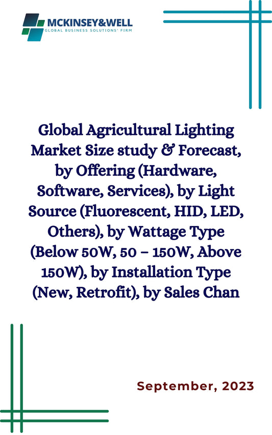 Global Agricultural Lighting Market Size study & Forecast, by Offering (Hardware, Software, Services), by Light Source (Fluorescent, HID, LED, Others), by Wattage Type (Below 50W, 50 – 150W, Above 150W), by Installation Type (New, Retrofit), by Sales Chan