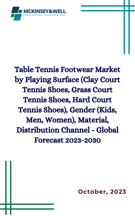 Table Tennis Footwear Market by Playing Surface (Clay Court Tennis Shoes, Grass Court Tennis Shoes, Hard Court Tennis Shoes), Gender (Kids, Men, Women), Material, Distribution Channel - Global Forecast 2023-2030