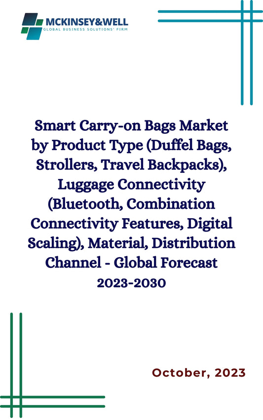 Smart Carry-on Bags Market by Product Type (Duffel Bags, Strollers, Travel Backpacks), Luggage Connectivity (Bluetooth, Combination Connectivity Features, Digital Scaling), Material, Distribution Channel - Global Forecast 2023-2030