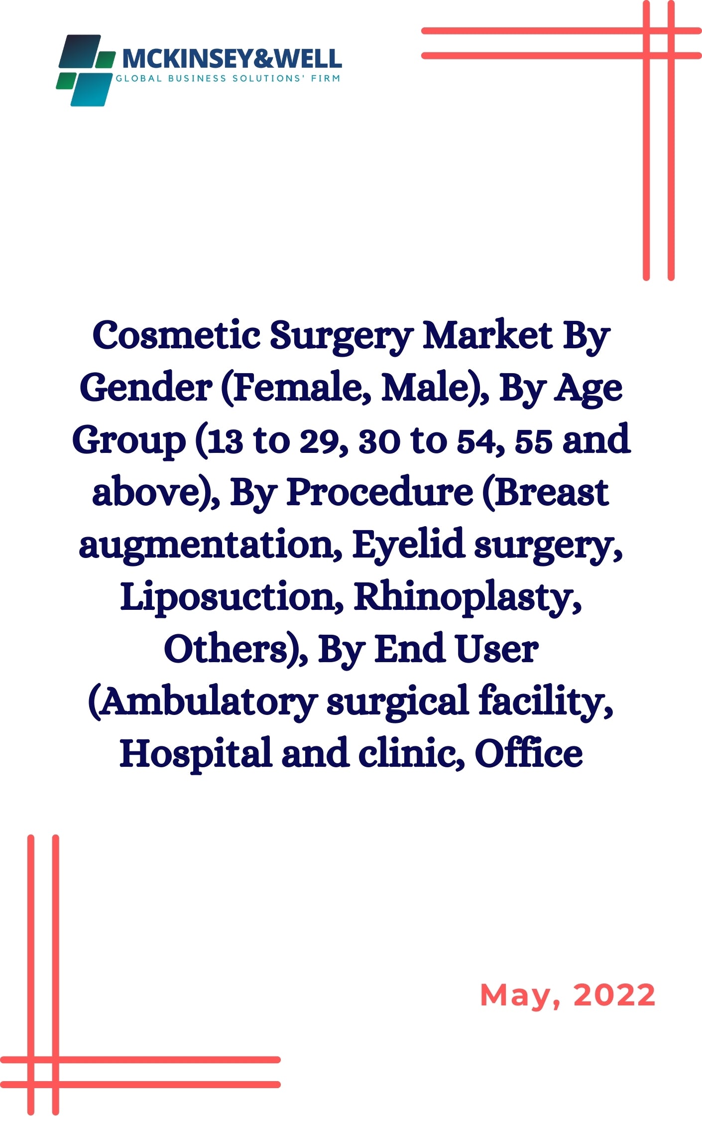 Cosmetic Surgery Market By Gender (Female, Male), By Age Group (13 to 29, 30 to 54, 55 and above), By Procedure (Breast augmentation, Eyelid surgery, Liposuction, Rhinoplasty, Others), By End User (Ambulatory surgical facility, Hospital and clinic, Office