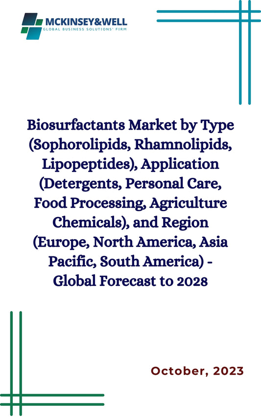 Biosurfactants Market by Type (Sophorolipids, Rhamnolipids, Lipopeptides), Application (Detergents, Personal Care, Food Processing, Agriculture Chemicals), and Region (Europe, North America, Asia Pacific, South America) - Global Forecast to 2028