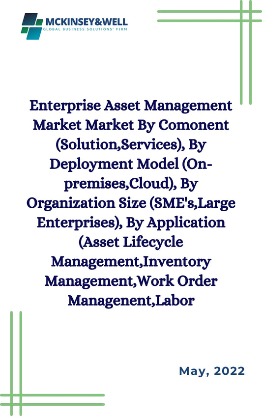 Enterprise Asset Management Market Market By Comonent (Solution,Services), By Deployment Model (On-premises,Cloud), By Organization Size (SME's,Large Enterprises), By Application (Asset Lifecycle Management,Inventory Management,Work Order Managenent,Labor