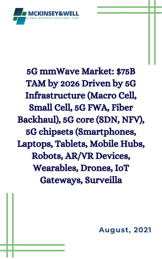 5G mmWave Market: $75B TAM by 2026 Driven by 5G Infrastructure (Macro Cell, Small Cell, 5G FWA, Fiber Backhaul), 5G core (SDN, NFV), 5G chipsets (Smartphones, Laptops, Tablets, Mobile Hubs, Robots, AR/VR Devices, Wearables, Drones, IoT Gateways, Surveilla