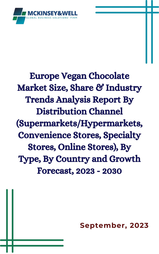 Europe Vegan Chocolate Market Size, Share & Industry Trends Analysis Report By Distribution Channel (Supermarkets/Hypermarkets, Convenience Stores, Specialty Stores, Online Stores), By Type, By Country and Growth Forecast, 2023 - 2030