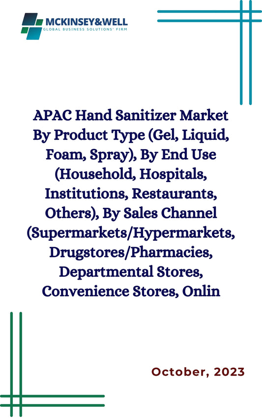 APAC Hand Sanitizer Market By Product Type (Gel, Liquid, Foam, Spray), By End Use (Household, Hospitals, Institutions, Restaurants, Others), By Sales Channel (Supermarkets/Hypermarkets, Drugstores/Pharmacies, Departmental Stores, Convenience Stores, Onlin