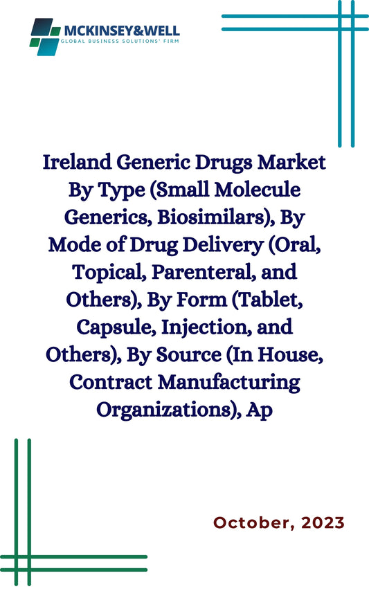 Ireland Generic Drugs Market By Type (Small Molecule Generics, Biosimilars), By Mode of Drug Delivery (Oral, Topical, Parenteral, and Others), By Form (Tablet, Capsule, Injection, and Others), By Source (In House, Contract Manufacturing Organizations), Ap