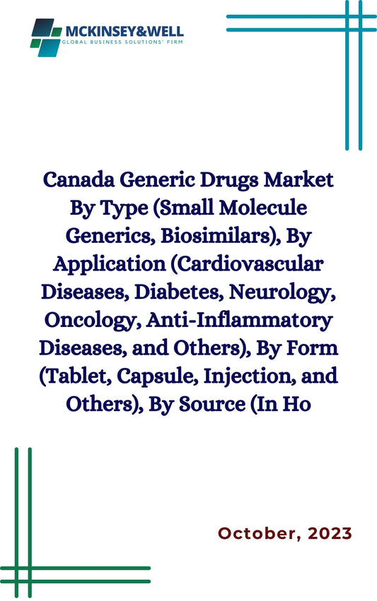 Canada Generic Drugs Market By Type (Small Molecule Generics, Biosimilars), By Application (Cardiovascular Diseases, Diabetes, Neurology, Oncology, Anti-Inflammatory Diseases, and Others), By Form (Tablet, Capsule, Injection, and Others), By Source (In Ho